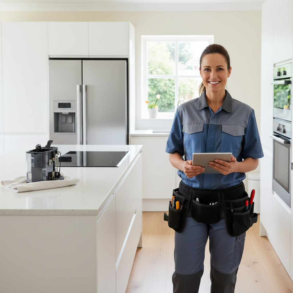 Smiling appliance repair technician in a modern kitchen